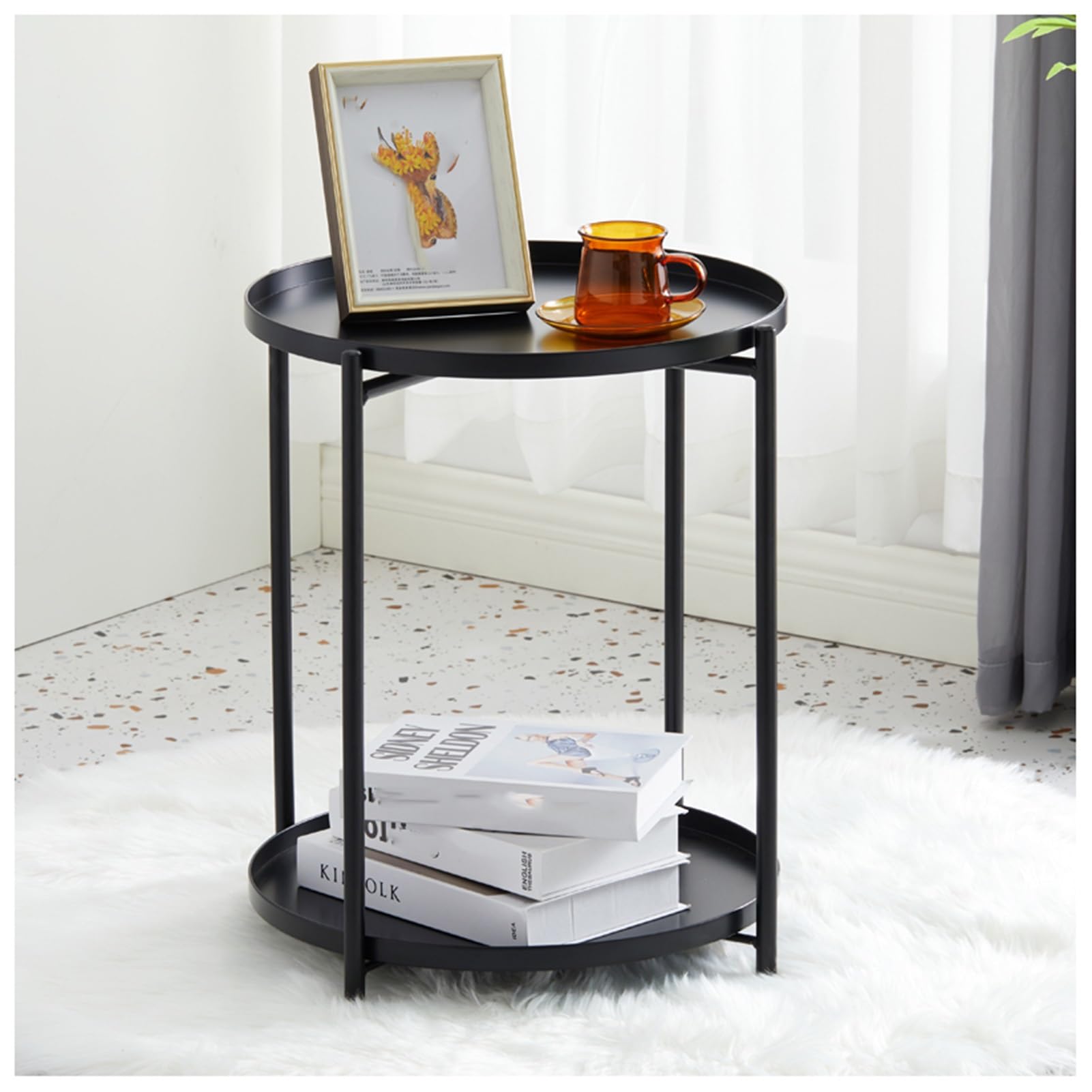 Amazon｜2段 丸 サイドテーブル 円型 折りたたみ ナイトテーブル