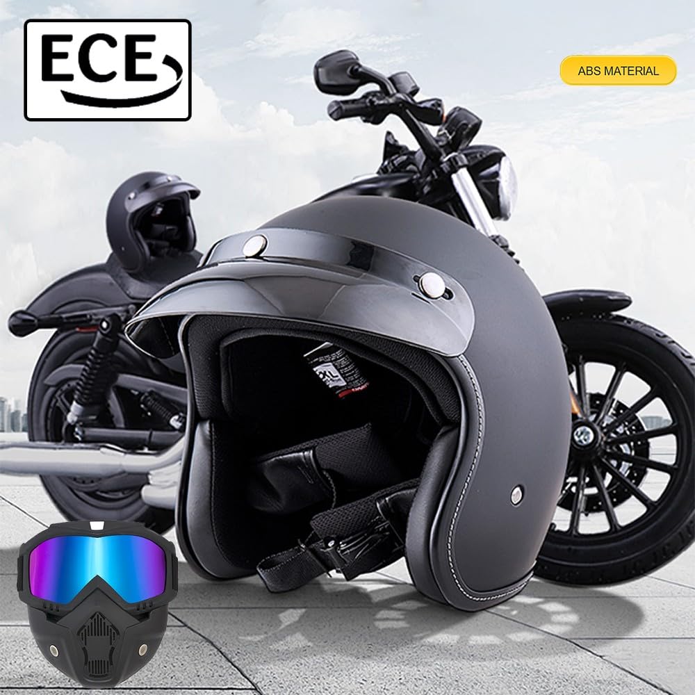 Retro Motorrad Halbhelm Jethelm Mit Visier – ECE/DOT Zertifiziert, ABS + EPS, Inkl. Sonnenbrille – Für Herren & Damen (M-XXL)