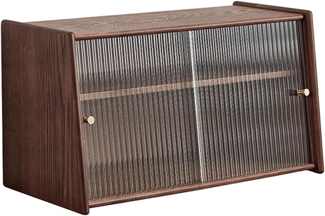 Small Solid Wood Kitchen Pantry Sideboard with 2 Sliding Striped Glass Doors, Freestanding Countertop(44.5cm)