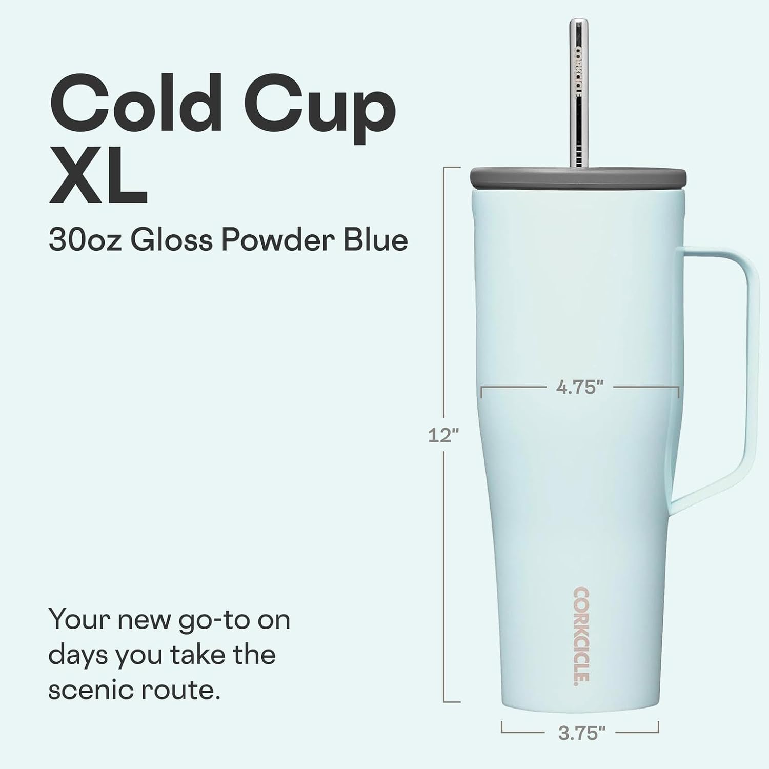 Corkcicle Cold Cup XL - Insulated Tumbler with Handle - Keeps Drinks Cold 12 Hours - Triple-Insulated - Spill-Proof Lid - Summer Drinkware Gift - Keeps Drinks Ice Cold - 30 oz - Gloss Powder Blue - Image 2