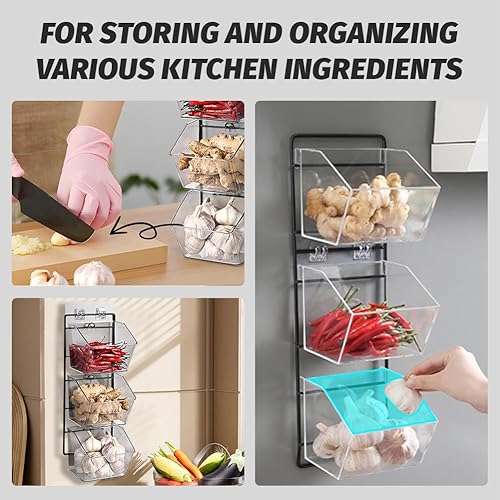 Miniatura 7 de Contenedor de almacenamiento montado en la pared, cesta de verduras colgante vertical de 3 niveles, organizador de encimera para ajo, jengibre y