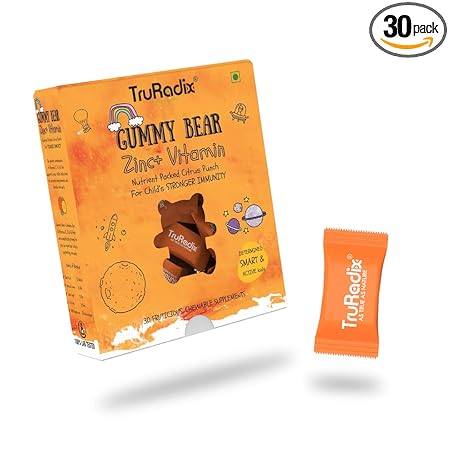Truradix Immunity Booster for Kids - Vitamin C With Zinc for Kids  Vegan Gummy Bears with Vitamins C, A, D2 for Toddlers and Kids  Yummy Vitamin C Chewable with Zinc  30 Gummy Bears