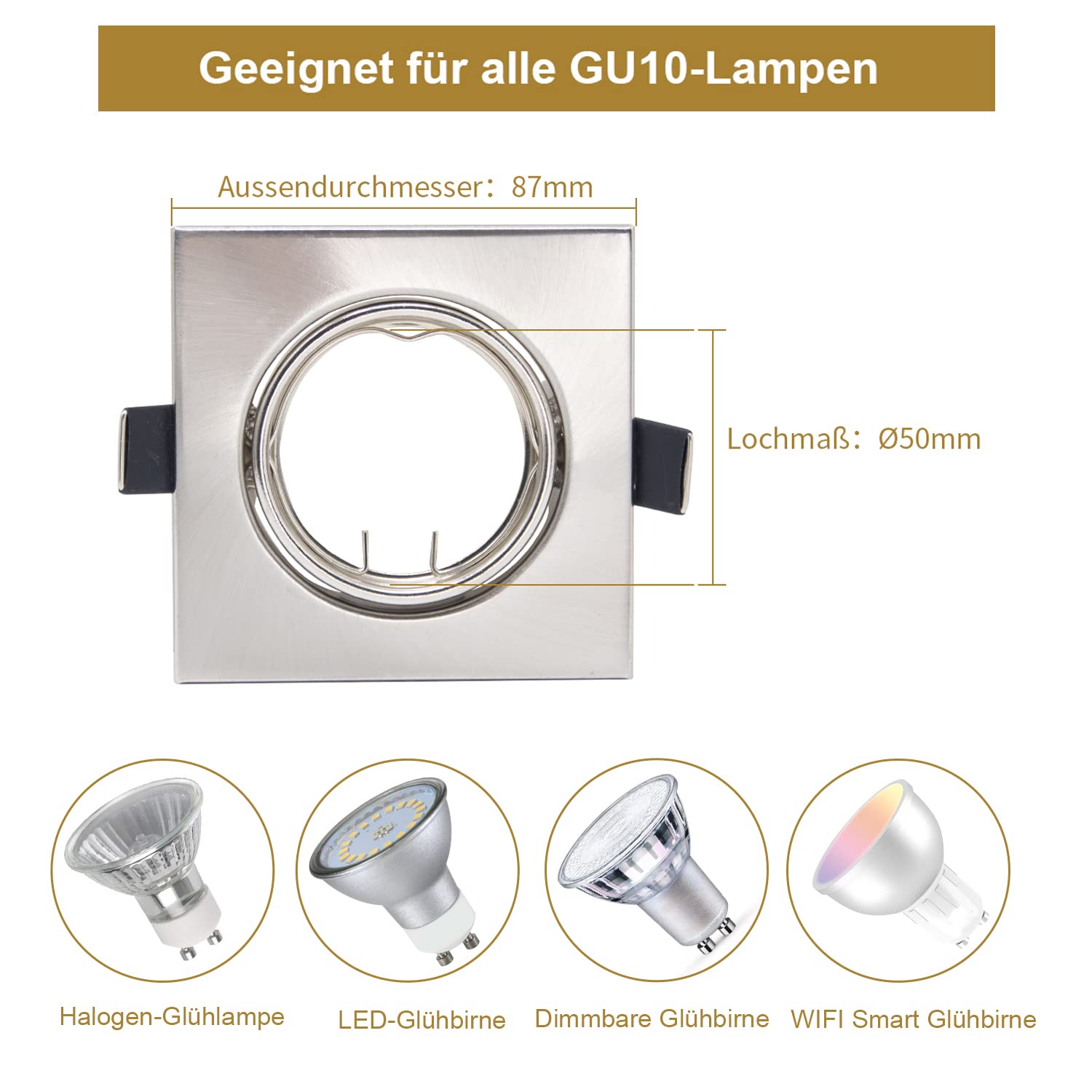 Wondlumi Set of 20 LED recessed spotlights, GU10 socket, swivel, brushed stainless steel, 68 mm, square, 230 V, recessed frame, without lamp