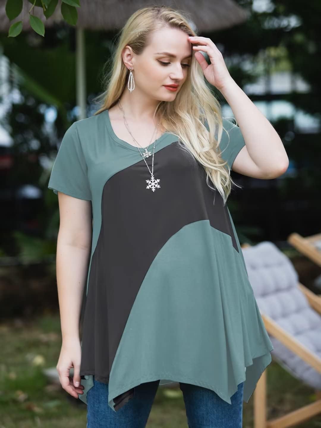 LARACE Plus Size Tops for Women V Neck Summer Shirt Short Sleeve Blouses Patchwork Tunics - Image 2