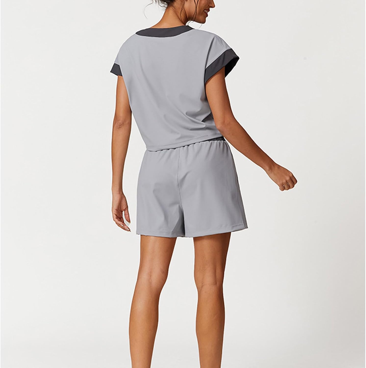 Oplxuo Women 2 Piece Short Sets Summer Casual V Neck Short Sleeve Tops Elastic Waist Shorts Matching Outfits with Pockets