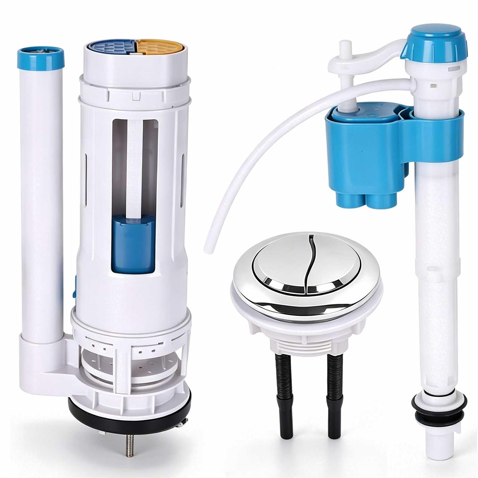 Dual Flush Valve Replacement Kit for One-Piece Toilets, 8.2" Fill Valve, 2.2" Plastic Push Button, 2.5" Drain Outlet Dia, Fits 10-12" Toilet Tank
