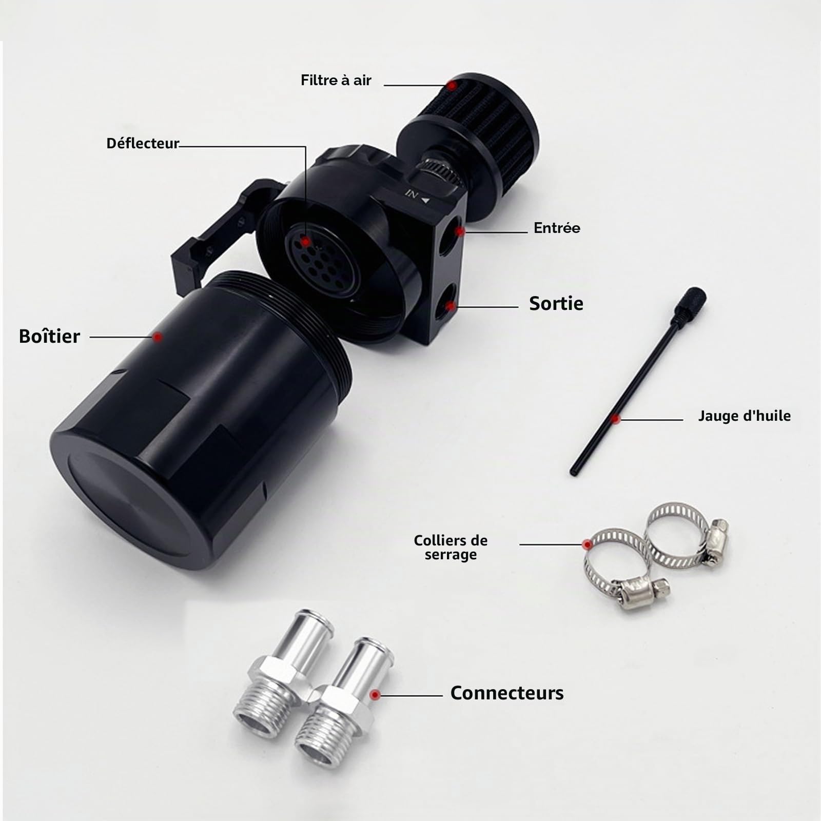 Aluminium Voiture Réservoir, Vidangeur Huile Moteur, Universel Séparateur Bidon Huile Voiture Air Filtre avec Filtre à Air, Tuyau et Autres Accessoires(Noir)
