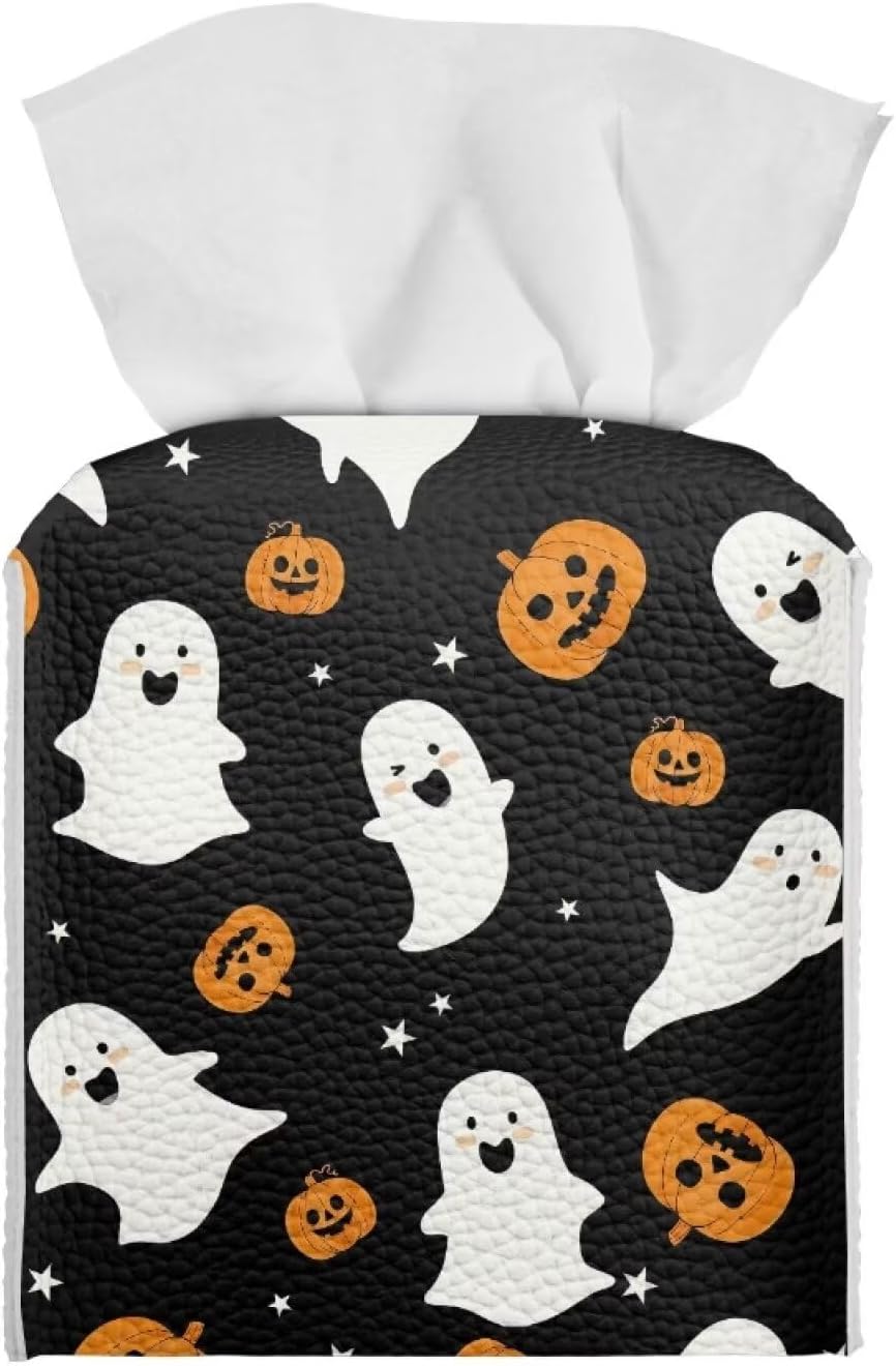 doginthehole Halloween Decorations Tissue Box Cover PU Leather Tissue Holder Square Cute Spooky Ghost Pumpkin Decorative Cube Tissue Boxes Case for Bathroom, Kitchen, Nightstand, Office Desk image 2