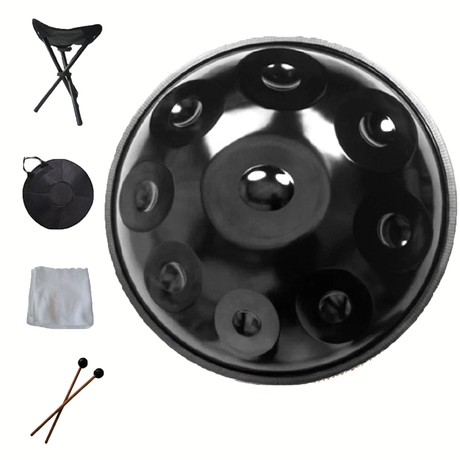 22-calowy D Minor 9/10 Nuty Stalowe Instrumenty Perkusyjne Dla Dorosłych Stalowy Handrum z Miękkim Torbą Handpan Młotek Standdust- Tkanina (Czarny 9)