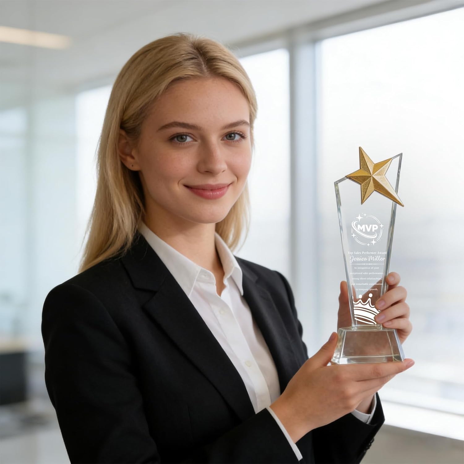 SHIP NEXT DAY, Custom Crystal Trophy - Personalized with Company Logo, Employee Name & Award Title, 3D Engraved K9 Crystal Employee Recognition Award for Years of Service, Leadership, Appreciation