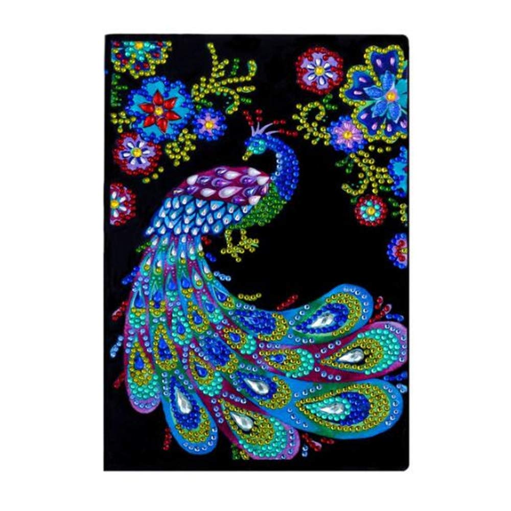 Uteruik A5 Writing Notebook with DIY Diamond Painting Peacock Printed Leather Cover Daily Journal Sketchbook Diary 50 Plain Pages