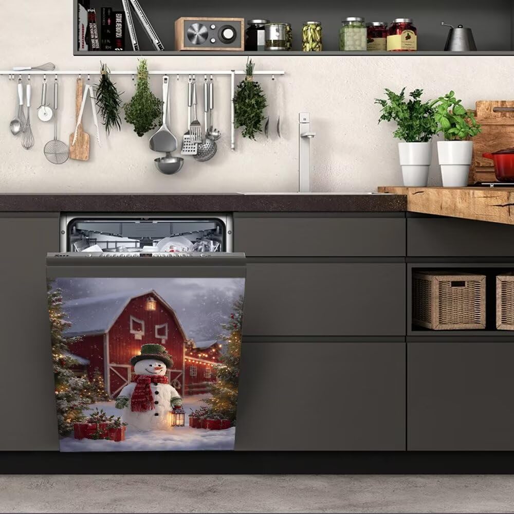Winter Snowman Dishwasher Magnet Cover, Farm Red Barn Magnetic Dishwasher Cover Kitchen Christmas Decoration, Refrigerator Magnet Fridge Door Decal for Home Decor, 23"x26"