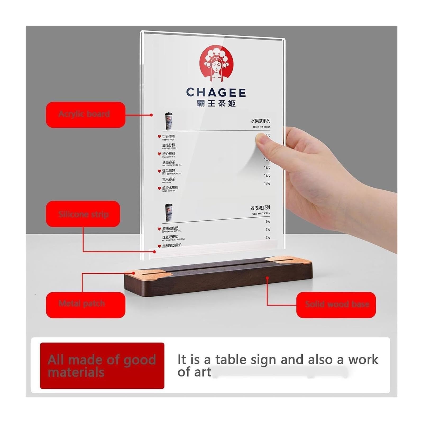 Soporte de letrero acrílico con base madera nogal | Nogal A4/A5/A6 for tiendas, cafeterías, oficinas: 2 piezas Menú de exhibición de doble cara, póster, evento(A4(210X297mm))