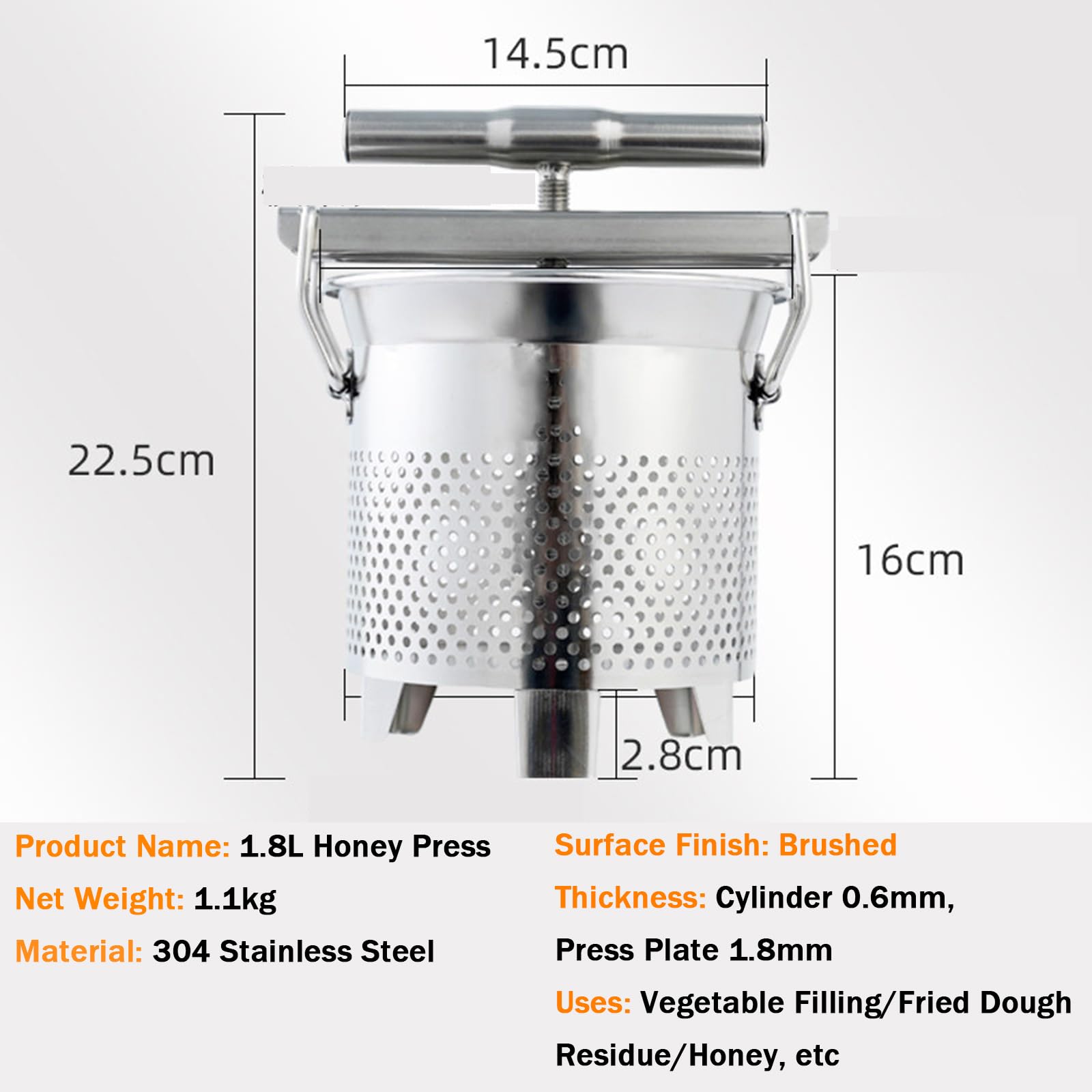 Estrattore di Miele E Cera D'api, Pressa Manuale in Acciaio Inox da 1,8 Litri, per Verdure, Yogurt E Separazione di Grassi, Cera D'api, Vino di Frutta