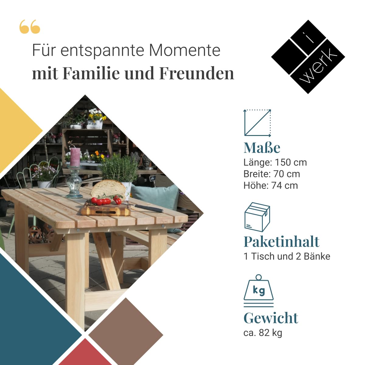 Gartengarnitur aus Holz | Set bestehend aus Gartentisch & Bänken mit Lehne | Hochwertige Sitzgarnitur für den Garten | PEFC-zertifizierte Gartenmöbel für Draußen (Natur)