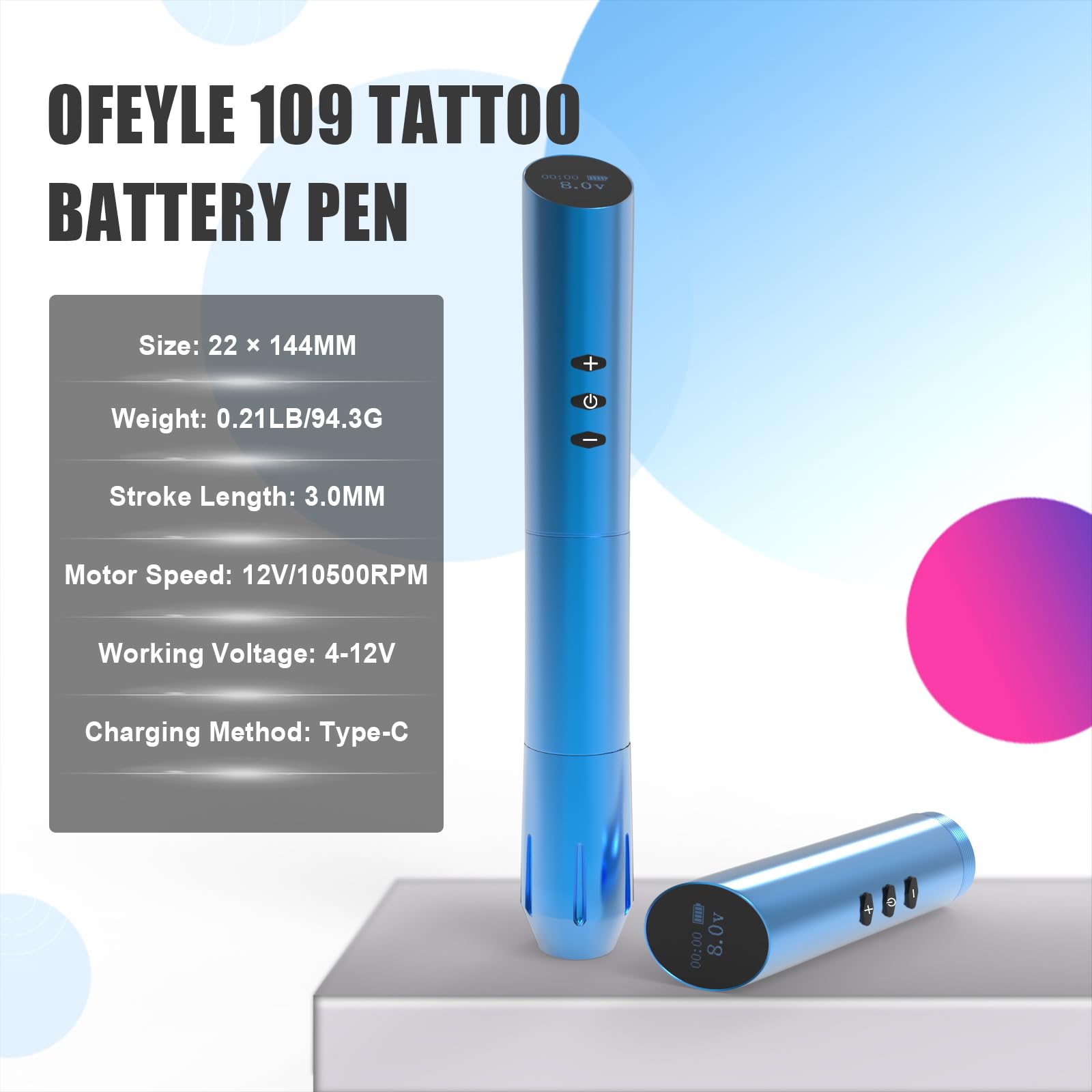 109 Kabellose Tattoo-Stiftmaschine, rotierende Tattoo-Pistole mit 2 austauschbaren Batterien, kernloser Motor, Digitalanzeige, Batteriestift, permanentes Make-up, Tattoo-Versorgung für
