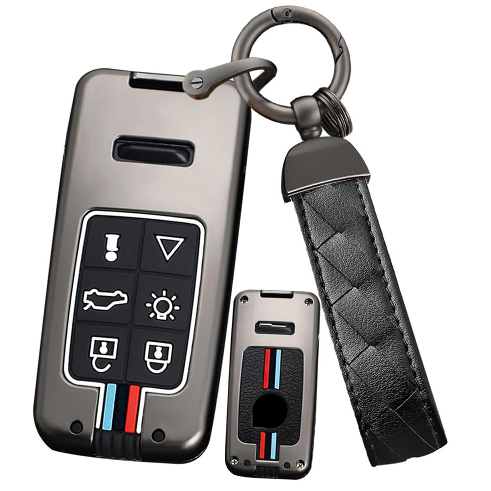 6 Buttons Smart Key Fob Cover with Keychain Fit for Volvo Remote Key Shell Case Compatible with Volvo S60 S80 S90 V40 V50 V60 V70 V90 VC60 VC70 XC40 XC60 XC70 XC90 T5 T6 T8 Key Sleeve-A Black