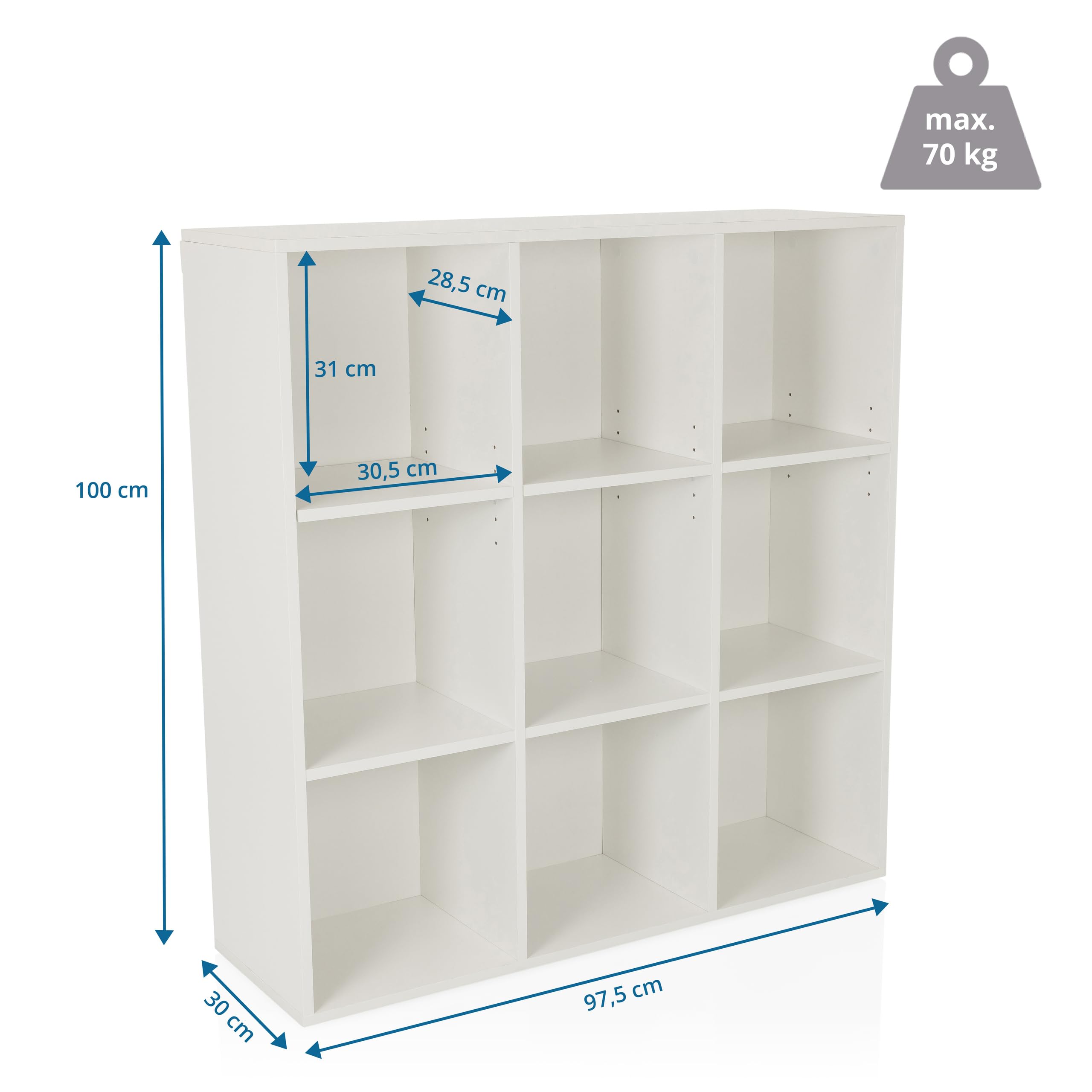 Scaffale a 9 scomparti, aperto BJORKE 97,5x30x100 cm, libreria con pannello posteriore, scaffale a cubo, divisorio, bianco