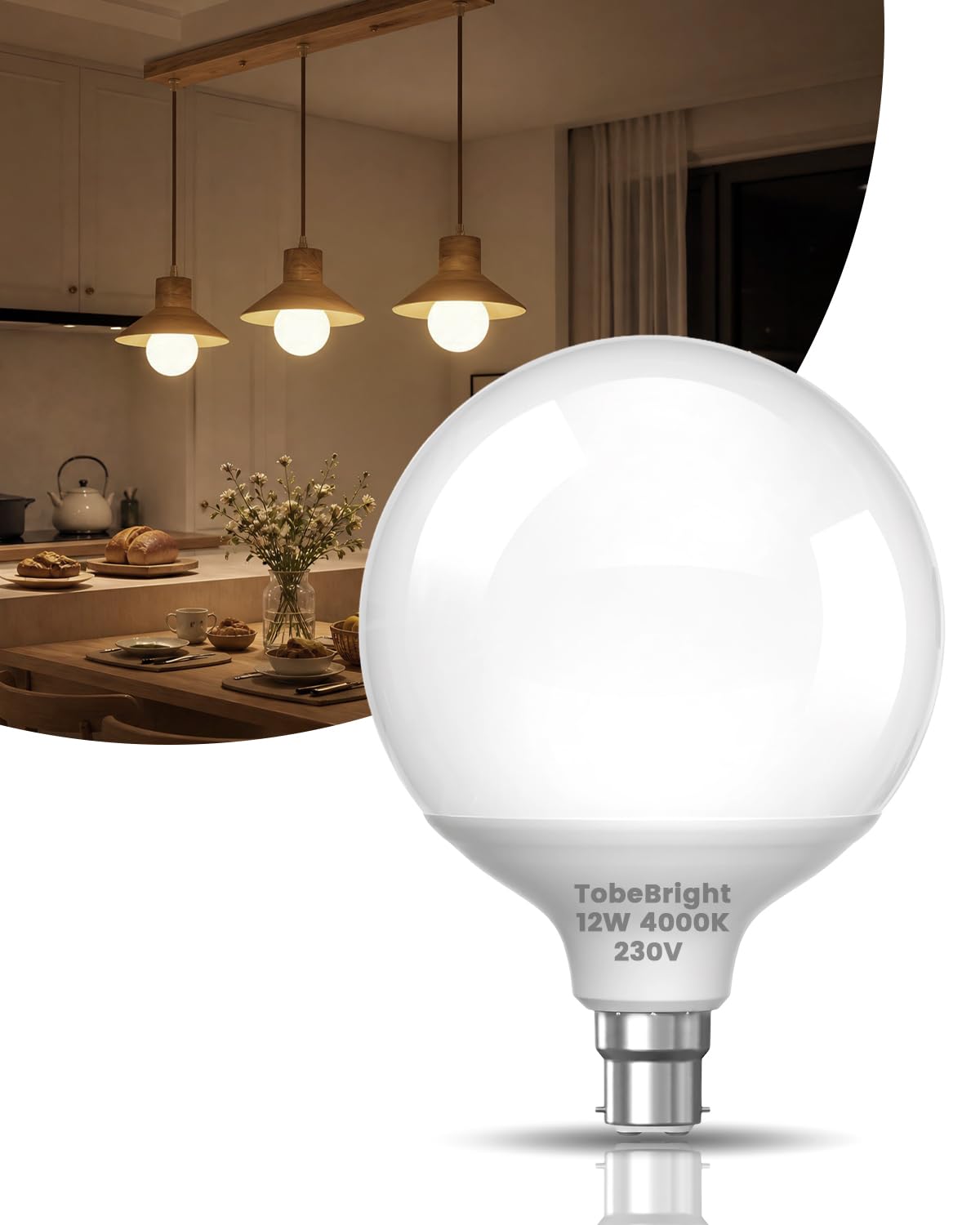 TobeBright B22 Large Bayonet LED Light Bulb Natural Daylight 4000K, G95 Globe Bulbs, 12W Equivalent 80W, 430LM, Non Dimmable, Milky Round Bayonet Edison Light Bulb for Home Lighting, 1-Pack