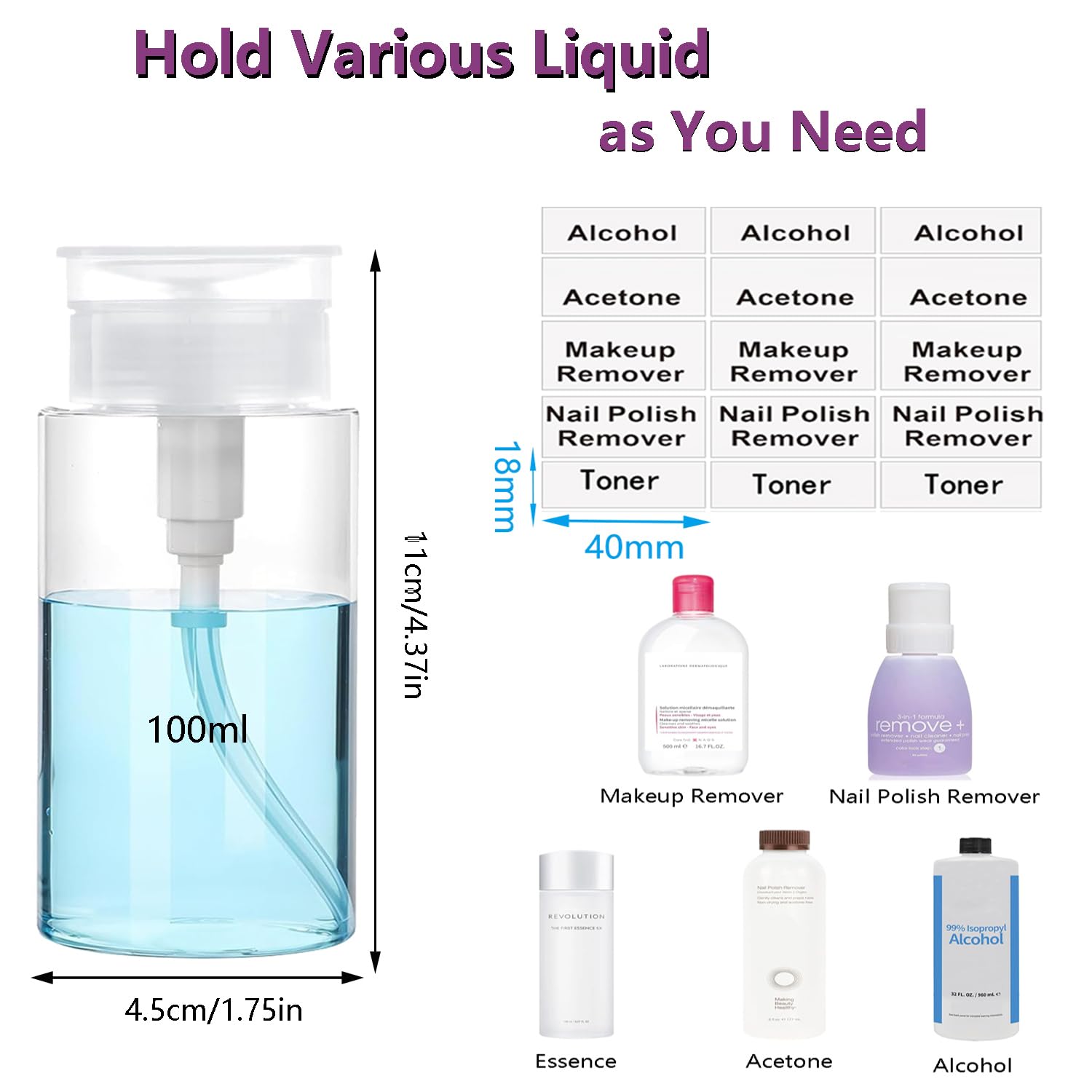 Push Down Pump Dispenser, 3.4oz Clear Pump Bottles with Alcohol, Acetone, Nail Polish Remover, Makeup Remover, Toner Stickers Empty Push Top Container for Liquid (100ml-2Pack)