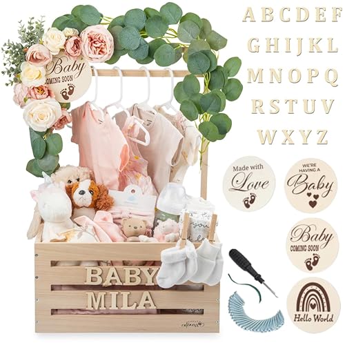 Armario de madera para baby shower, caja de madera personalizable con sistema de doble varilla, cesta de baby shower personalizada, letras del