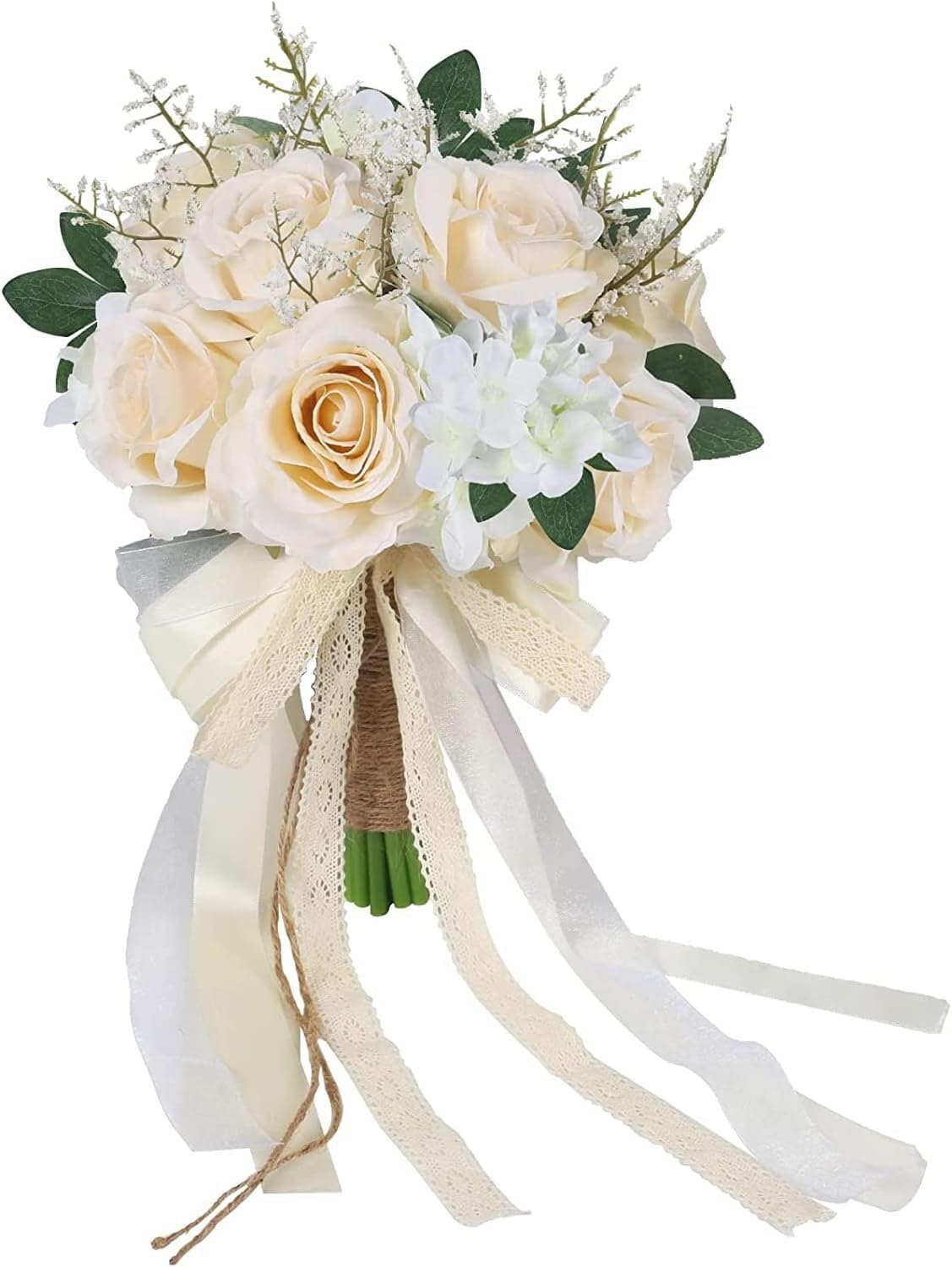 Bouquet de Fleurs avec Support W de 20 cm, Bouquet de mariée avec Roses artificielles Champagne, Bouquet de Demoiselles d'honneur, cérémonie d'anniversaire, Mariage