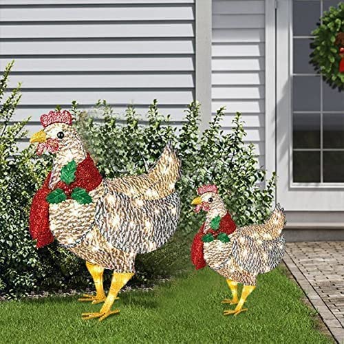 Light-Up Chicken with Scarf Holiday Decoration | Garden Metal Chicken Family Signs Stakes | Christmas Atmosphere Patio Yard Lawn Porch Decoration | for Ground Lawn Outdoor Decor (1313cm, Small) - Thumbnail 3
