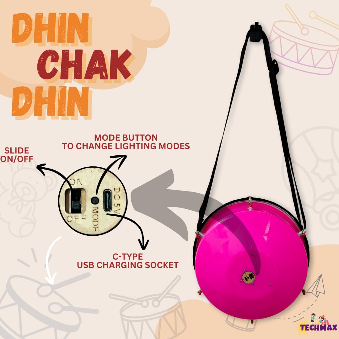 Lighting Dholak Tasha - Sensor Based - Rechargeable (Pink - Single Side - 11.5 INCH) 3