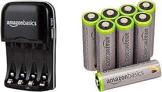 Amazon Basics Ni-MH AA & AAA Battery Charger With USB Port & High Capacity AA Pre-Charged Rechargeable Batteries 2500 mAh / minimum: 2400 mAh [Pack of 8] - Outer Jacket May Vary