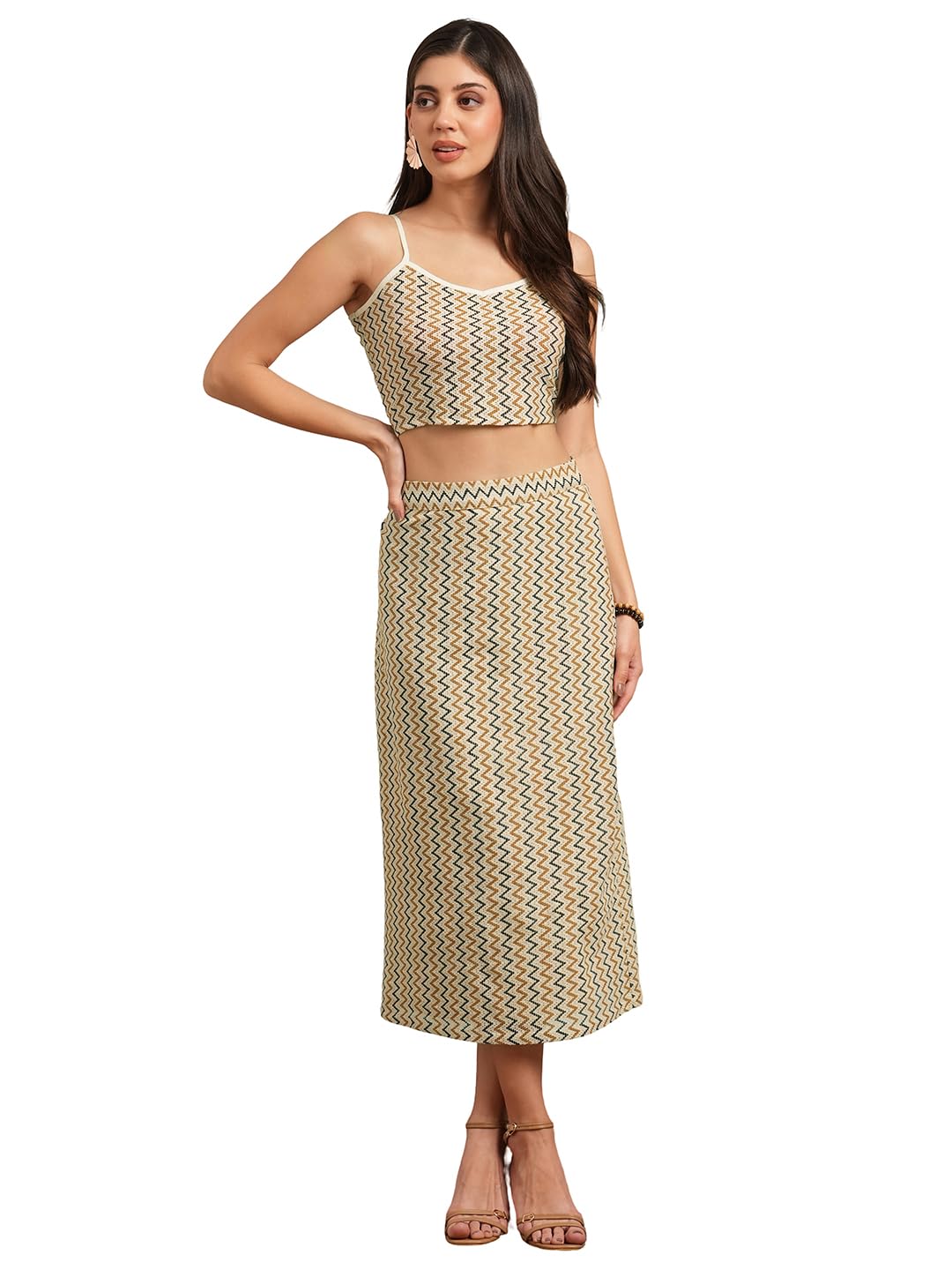Women V-Neck Shoulder Strap Abstract Print Crop Top with Skirt Resort Co-Ord Set