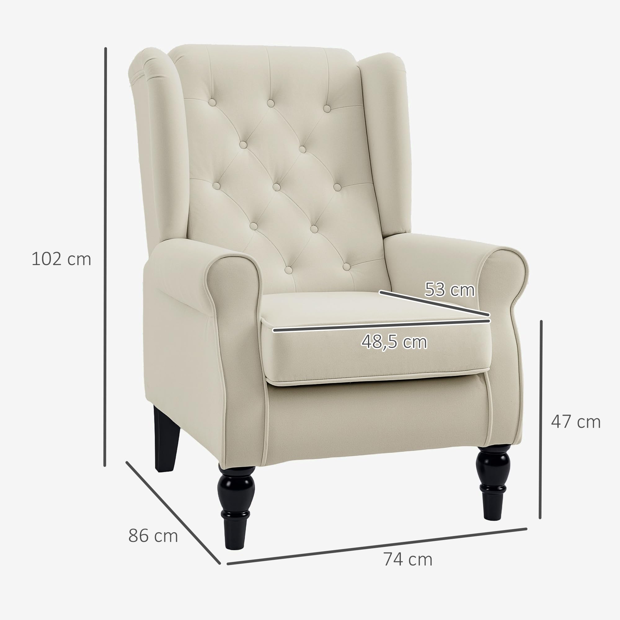 HOMCOM Sillón Orejero Moderno, Butaca de Salón con Reposabrazos y Patas de Madera, Sofá Individual Carga 160 kg para Oficina, Sala de Estar y Dormitorio, Crema