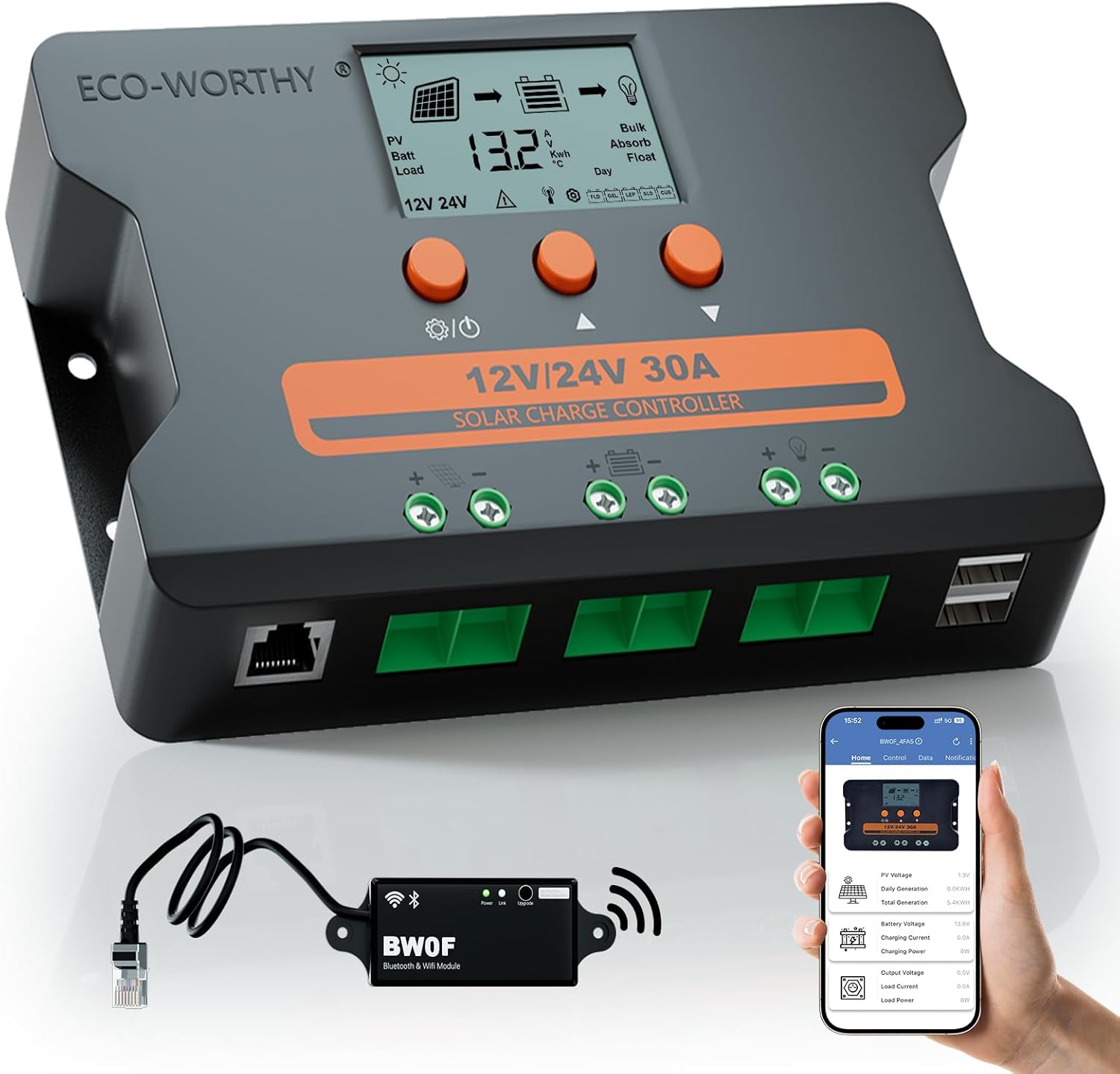 ECO-WORTHY Solar Charge Controller 30A with Bluetooth,WiFi, APP Remote Connection, Solar Panel Custom Battery Regulator, Dual USB Port Auto 12V/24V PWM for FLD/LiFePO4/SLD/GEL RV Solar System
