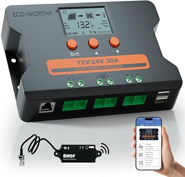ECO-WORTHY Solar Charge Controller 30A with Bluetooth,WiFi, APP Remote Connection, Solar Panel Custom Battery Regulator, Dual USB Port Auto 12V/24V PWM for FLD/LiFePO4/SLD/GEL RV Solar System