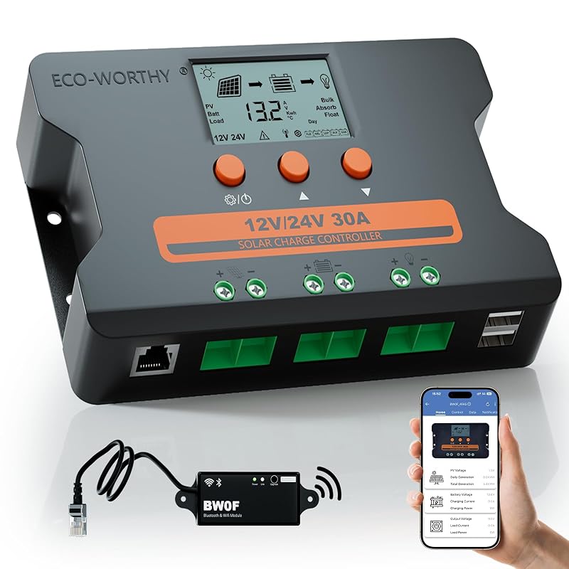 Controlador de Carga Solar PWM ECO-WORTHY 30 A 12/24 V com Bluetooth e Wi-Fi