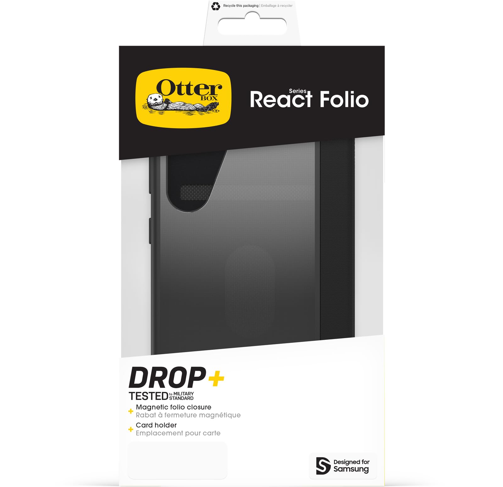 OtterBox React Series Folio Etui do Samsung Galaxy S25+, Wstrząsoodporne, Miejsce na Karty, przetestowane zgodnie ze standardami wojskowymi, Przezroczyste/Czarne