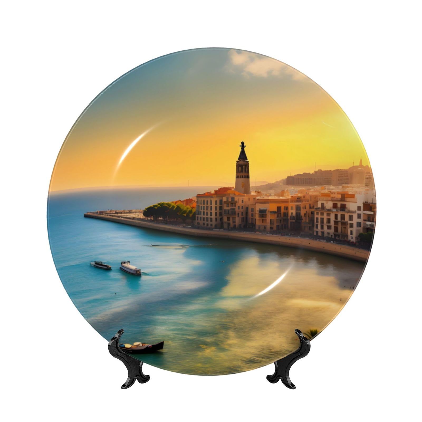 SXZVVBN Sunset in Barcelona Bone China Decorative Plate Art with Stand Removable Adhesive Hanging for Home Office 10in（25cm）