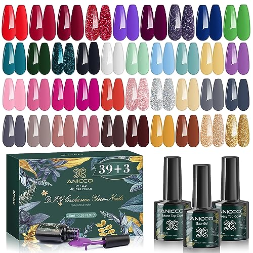 Anicco Kit de Esmaltes de Uñas Semipermanente Gel UV LED, 42pcs Pintauñas, 39 Colores con Base, Capa Superior Brillante y Mate