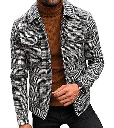 chouyatou Men's Vintage Plaid Print Single Breasted Button Down Jacket Coat