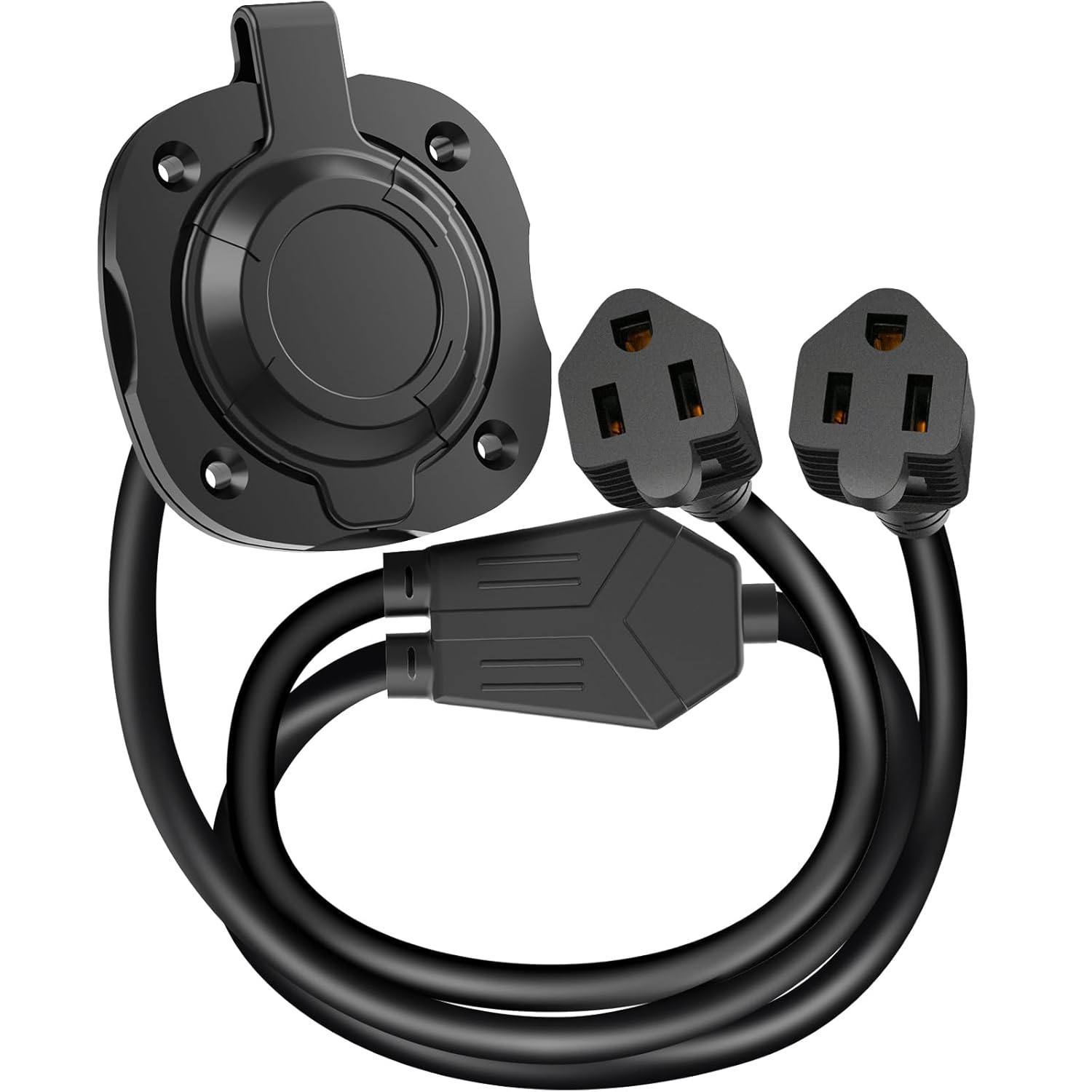 WELLUCK 15 Amp 125V AC Power Inlet Port Plug with Integrated Dual 18" Extension Cord, NEMA 5-15 RV Flanged Inlet with Waterproof & Back Cover Y Splitter Cable, 2 Pole 3-Wire...