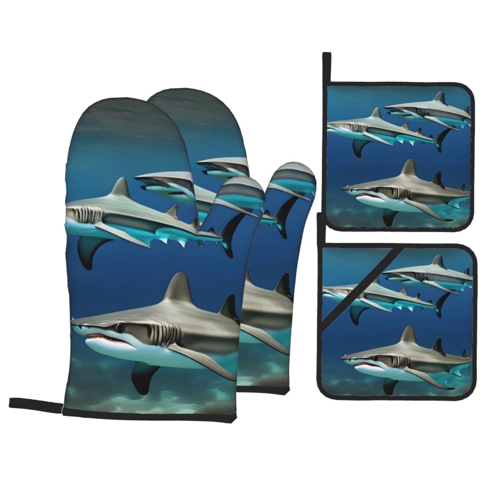 Hammerhead Sharks Print 4-Piece Heat-Resistant Oven Waterproof Kitchen Gloves Cooking Roasting Essential