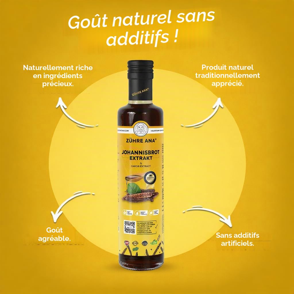 Zühre Extrait de caroube mère - caroube végétalienne Mélasse de caroube - Équilibreur de sucre dans le sang - Sans gluten ni glucose - Assistance respiratoire naturelle avec vitamines