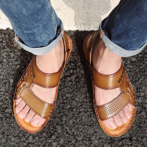 Men's Leather ls, Summer Casual Outdoor Top La Leather Open Toe Flip Flop, Comfortable Breathable Adjustable Heel Strap Wide Fit ls2