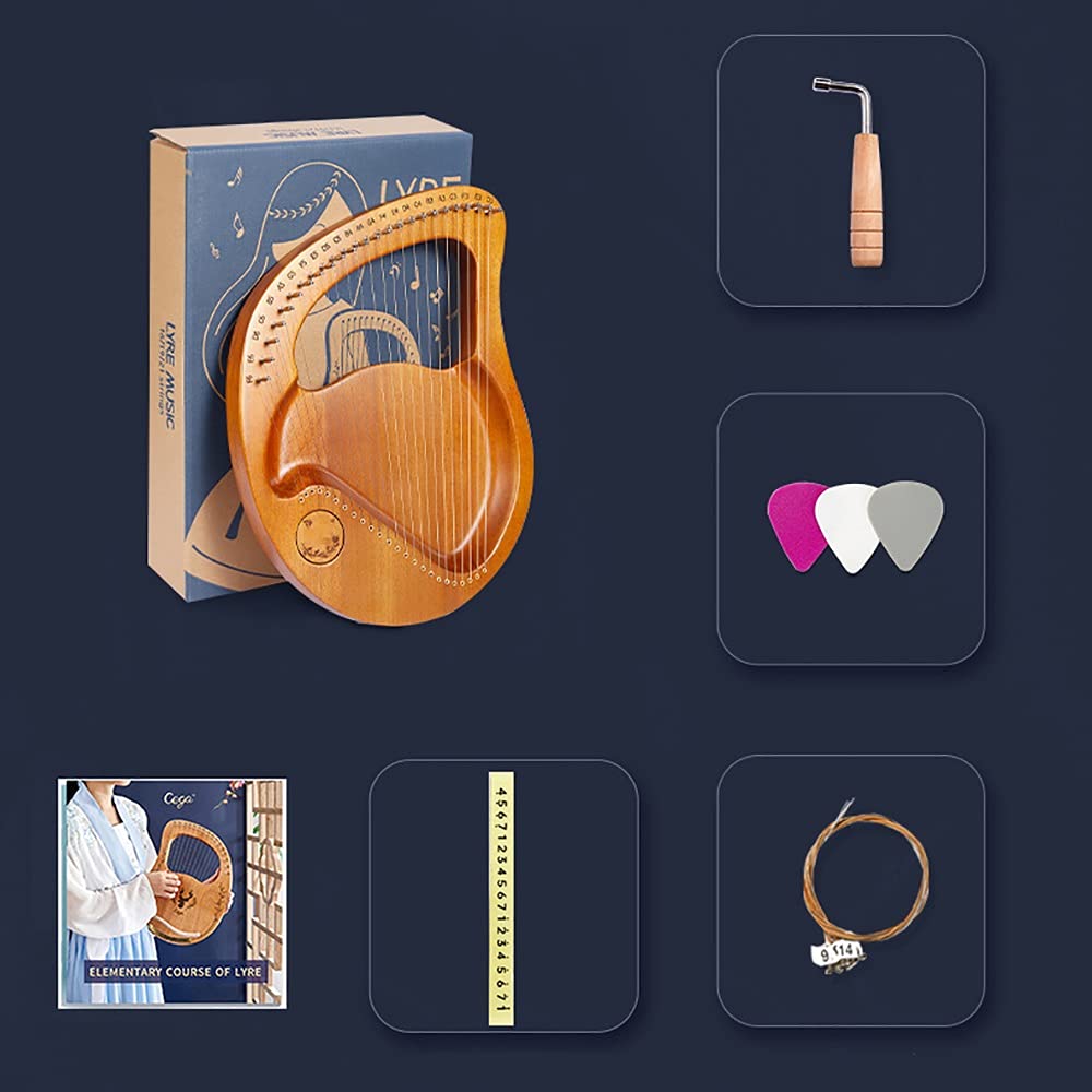 21-saitige Lyra-Harfe, Saiteninstrument aus Mahagoni-Massivholz, mit Stimmschlüssel, Ersatzsaite, englischer Bedienungsanleitung, für Erwachsene, Kinder, Anfänger und Liebhaber(Brown)