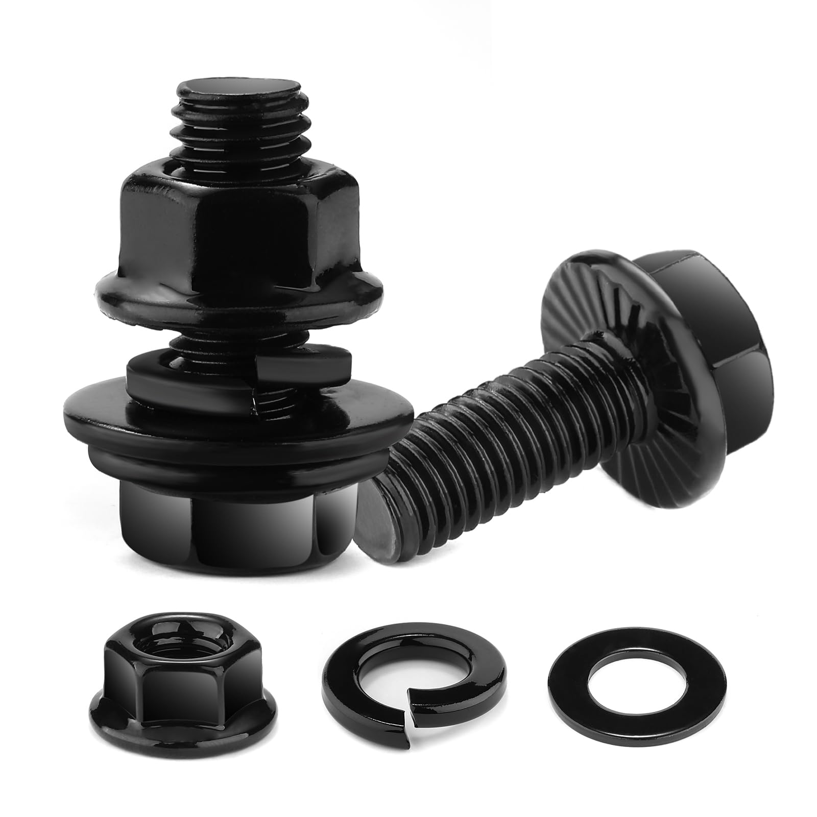 M6 x 14mm Flanged Hex Head Bolts, Nuts, Flat & Lock Washers, 10Pcs 18-8 (304) Stainless Steel, Fully Threaded, Black Oxide by SG TZH