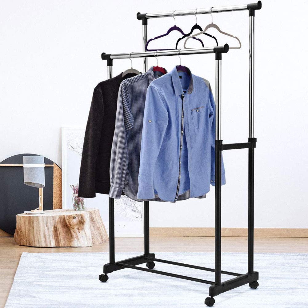 BAKAJI Stand Appendiabiti Allungabile da Terra in Acciaio Telescopico Allungabile con Ruote Attaccapanni 80 x 40 x 90/164 cm (Doppio)