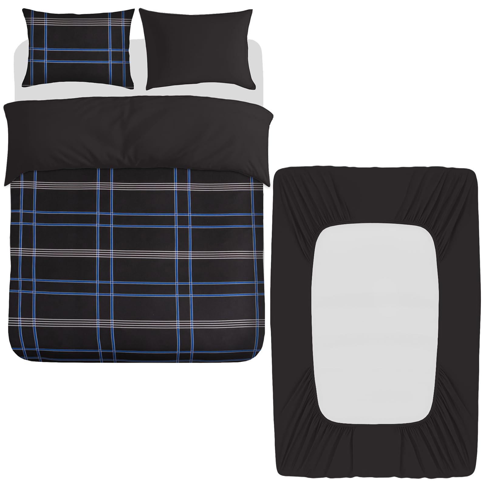 Pamposh 4 Pcs Double Duvet Set with Matching Black Double Fitted Sheet 40 cm Extra Deep Pocket - UltraSoft Breathable Premium Microfibre Reversible Quilt Cover Bedding Set For All Seasons
