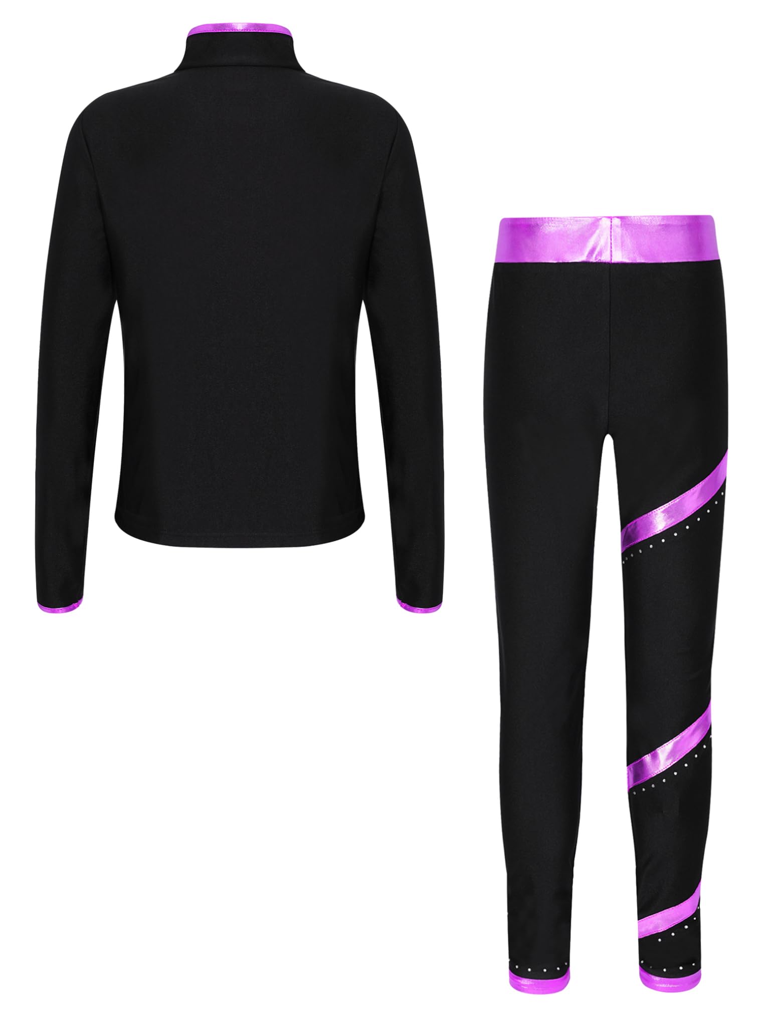 Tuta da Pattinaggio su Ghiaccio Bambina Paillettes Giacca Sportiva a Maniche Lunghe con Cerniera Giacca in Softshell Pantaloni da Allenamento Collant Skating