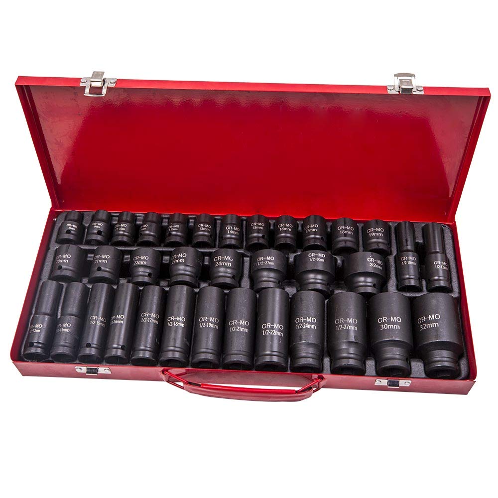 Zestaw 35 wykrętaków do nakrętek, nasadka udarowa do nakrętek 1/2", zestaw 6 standardowych nasadek udarowych Cr-Mo, metrycznych (8 mm - 32 mm)