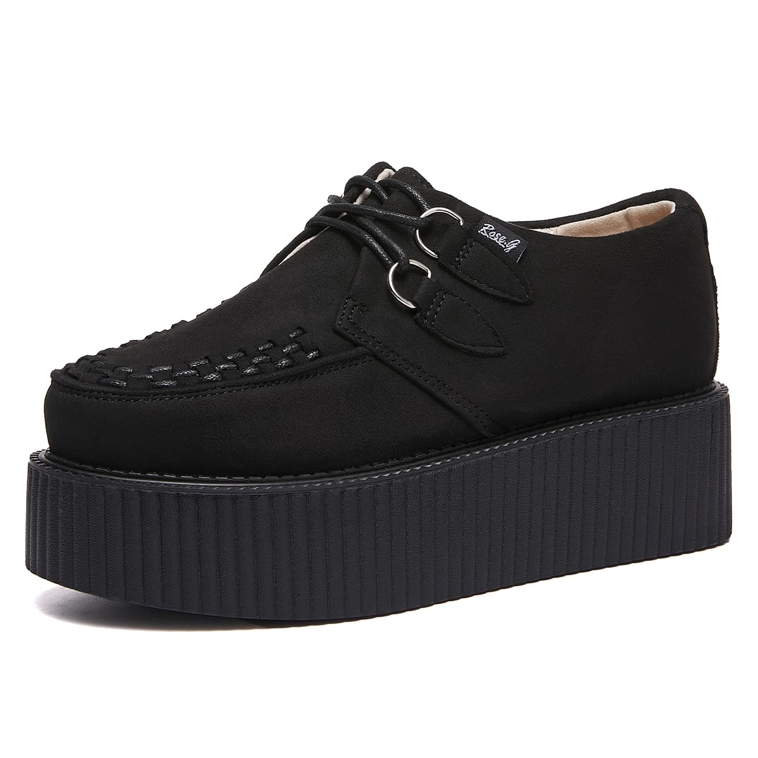 RoseGWomen's Handmade Suede Lace Up Flat Platform Creepers Shoe Black Size5