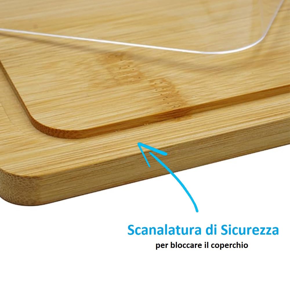 Paluplus Tagliere Rettangolare in Legno di bambù con Coperchio, Misura 24x18,5x8,5 cm, Vassoio con Maniglia, Piatto da servita per Formaggi, Salumi, Snack, Aperitivo -5998F